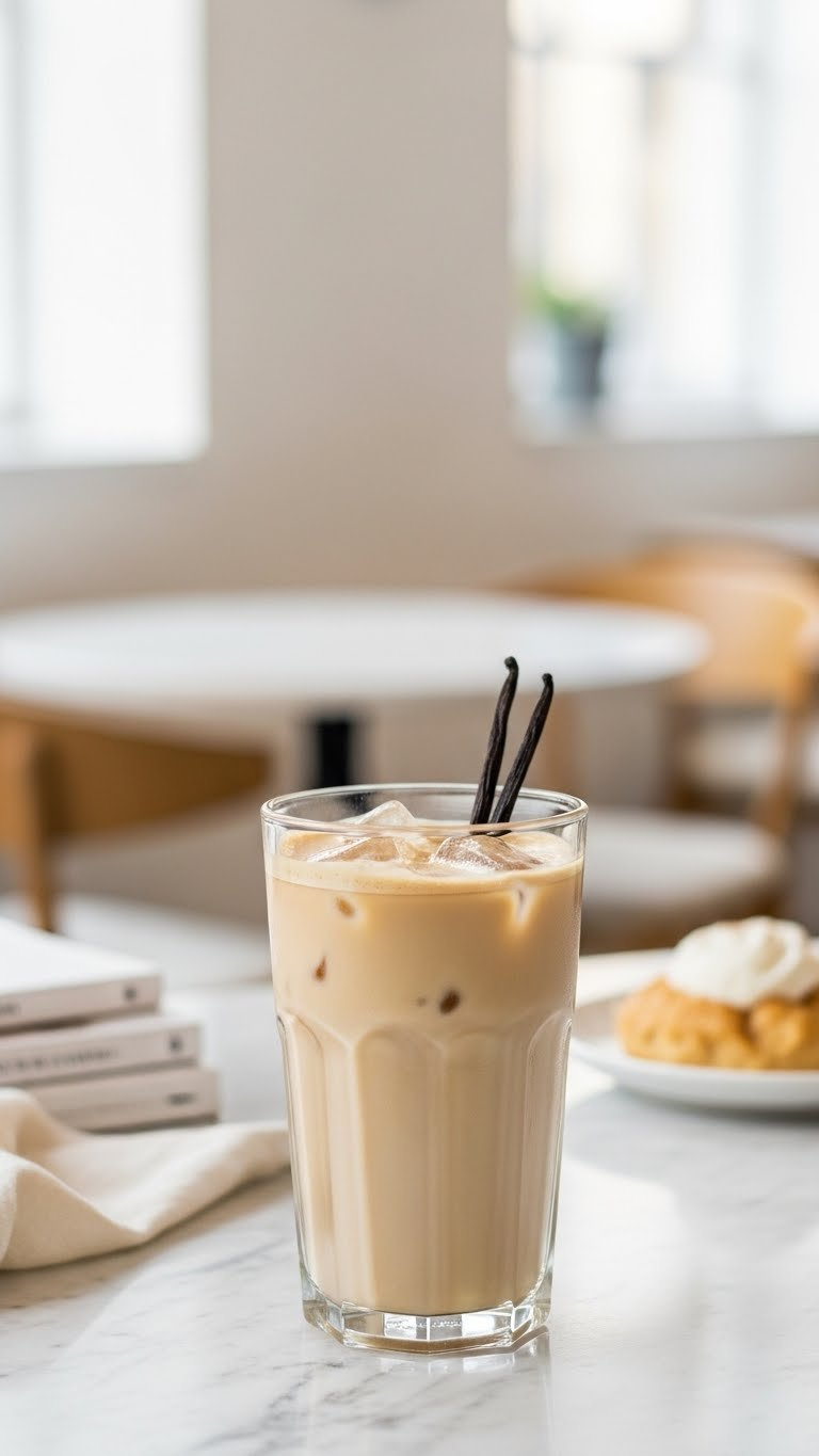 Iced Blonde Vanilla Latte with ice cubes and vanilla bean garnish on light marble countertop