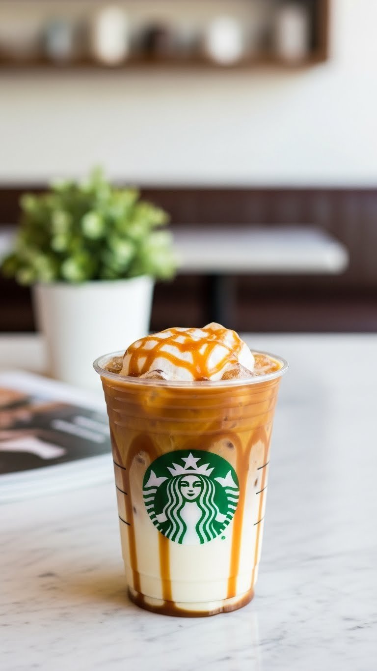 Iced Caramel Macchiato in clear Starbucks cup showing layered vanilla syrup, milk, espresso, and caramel drizzle on marble countertop