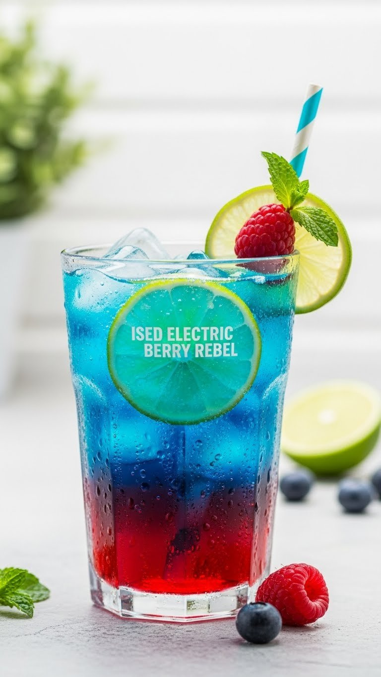 Iced Electric Berry Rebel energy drink with vibrant blue-red layers, lime garnish, raspberry in clear glass