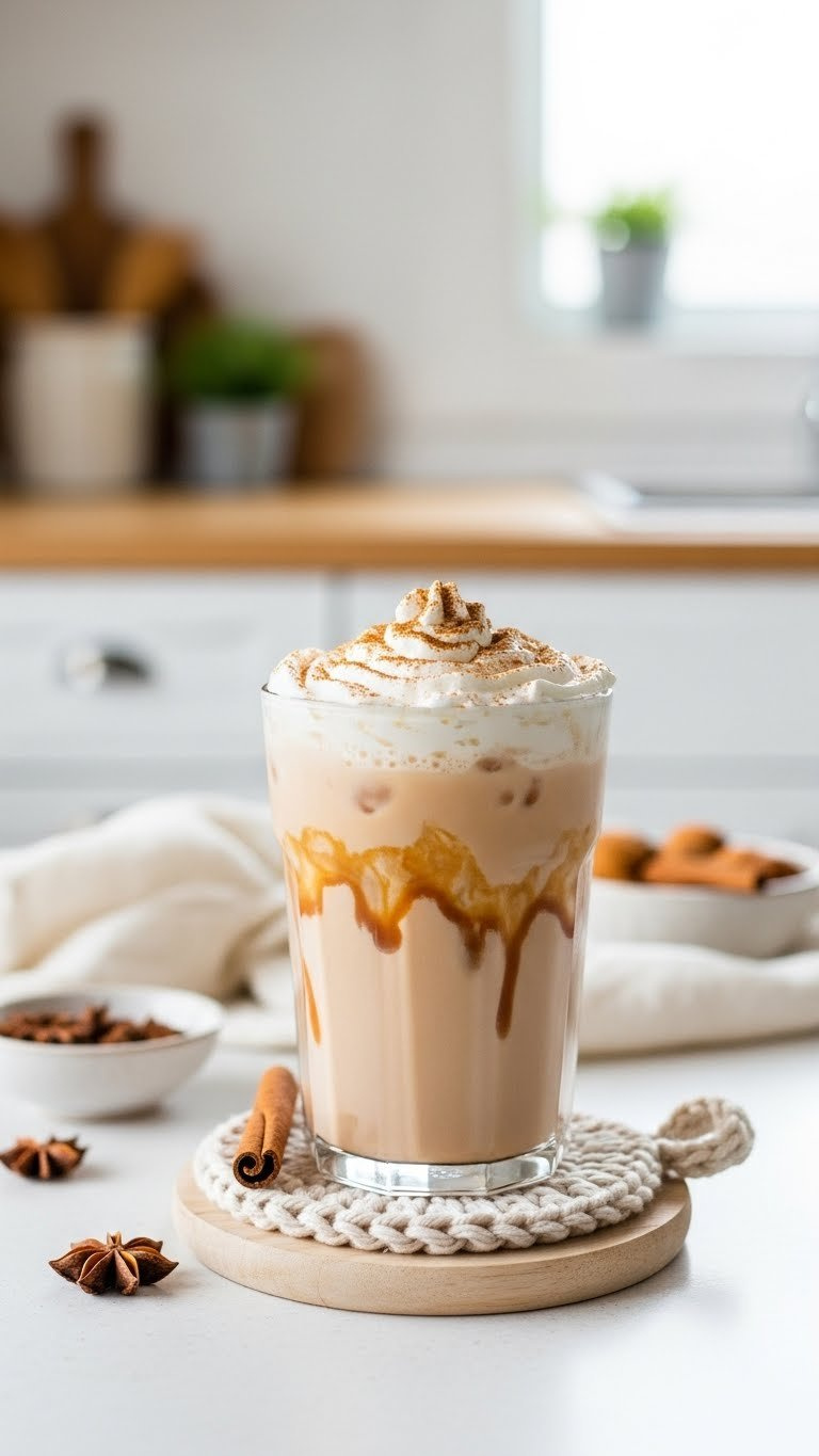 Iced Horchata Chai drink with creamy brown color, spice swirl, whipped cream, cinnamon topping on wooden coaster