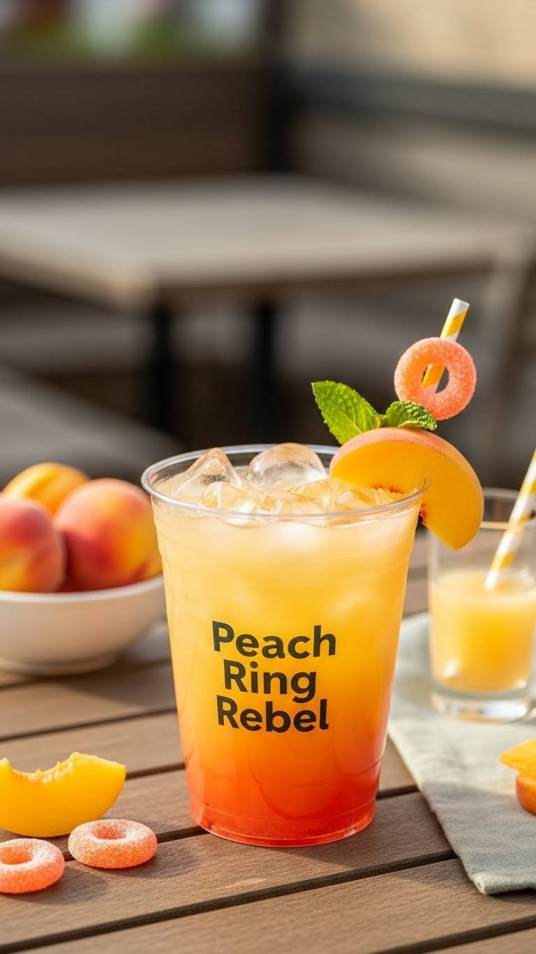 Iced Peach Ring Rebel energy drink with orange-yellow layers, fresh peach slices, candy garnish on rustic table