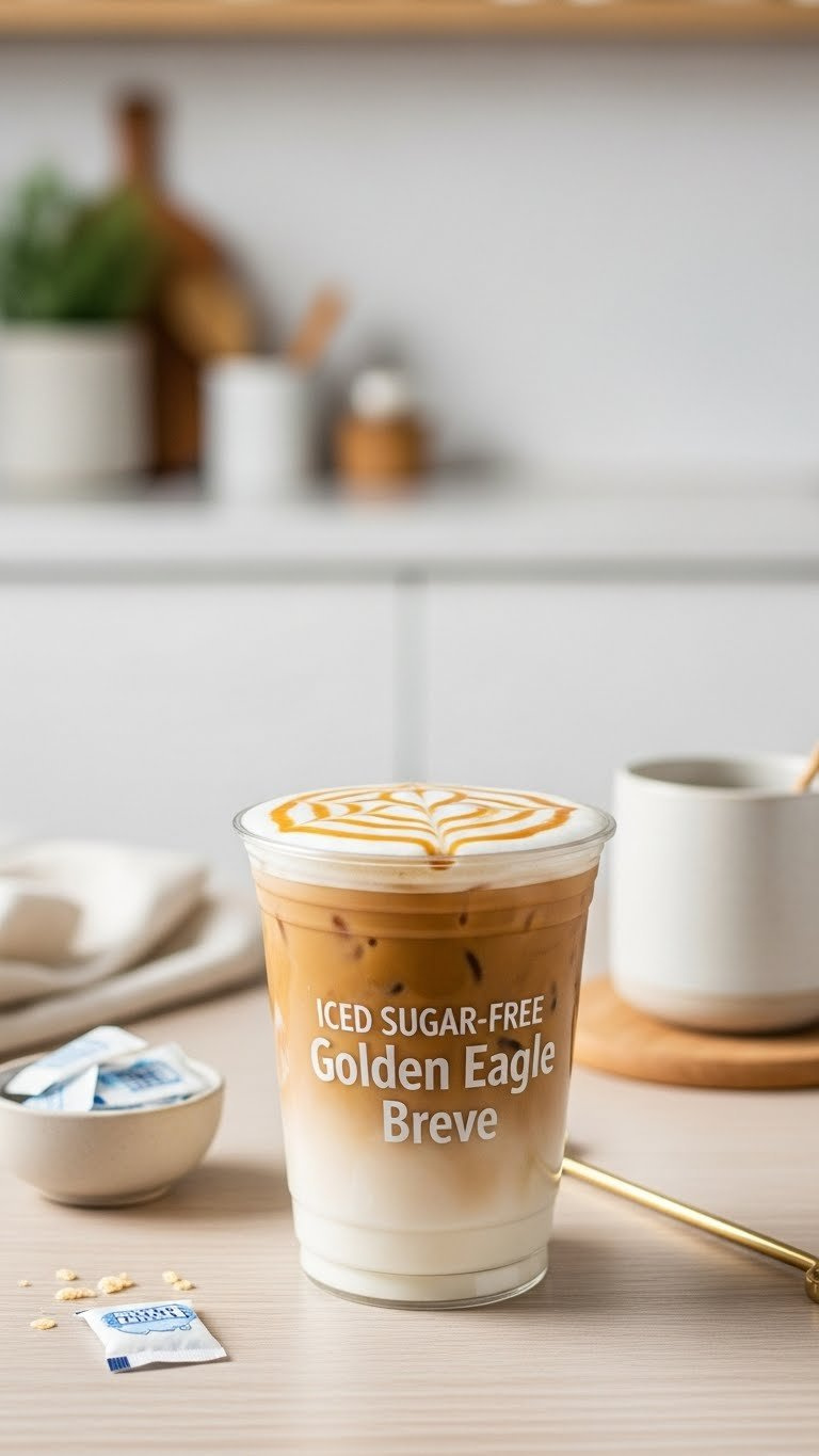 Iced Sugar-Free Golden Eagle Breve coffee with caramel swirl, sugar-free whipped cream in clear cup