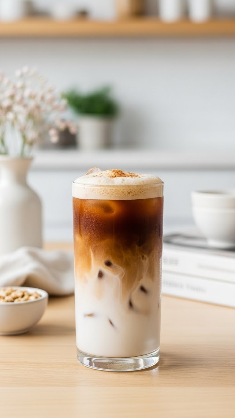 Iced Toasted Vanilla Oatmilk Shaken Espresso with gradient layers on light wooden table