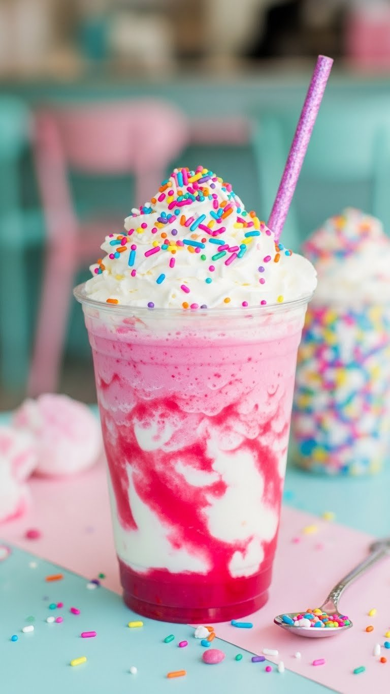 Iced Unicorn Blood Frost pink blended drink with whipped cream, rainbow sprinkles on pastel backdrop