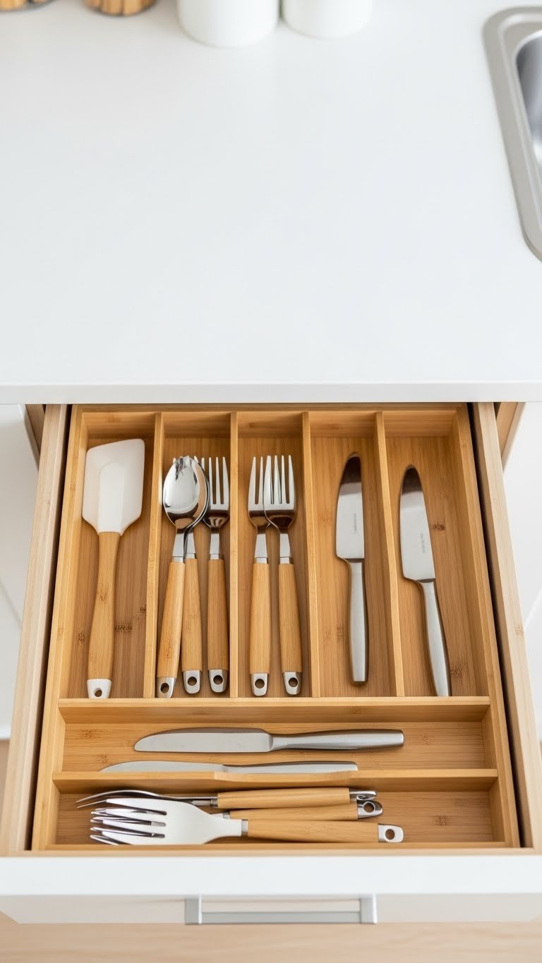 9 Genius Minimalist Apartment Kitchen Ideas: Small Space Hacks 13 Immaculately organized kitchen drawer with bamboo organizers neatly arranging cutlery and utensils in minimalist setup
