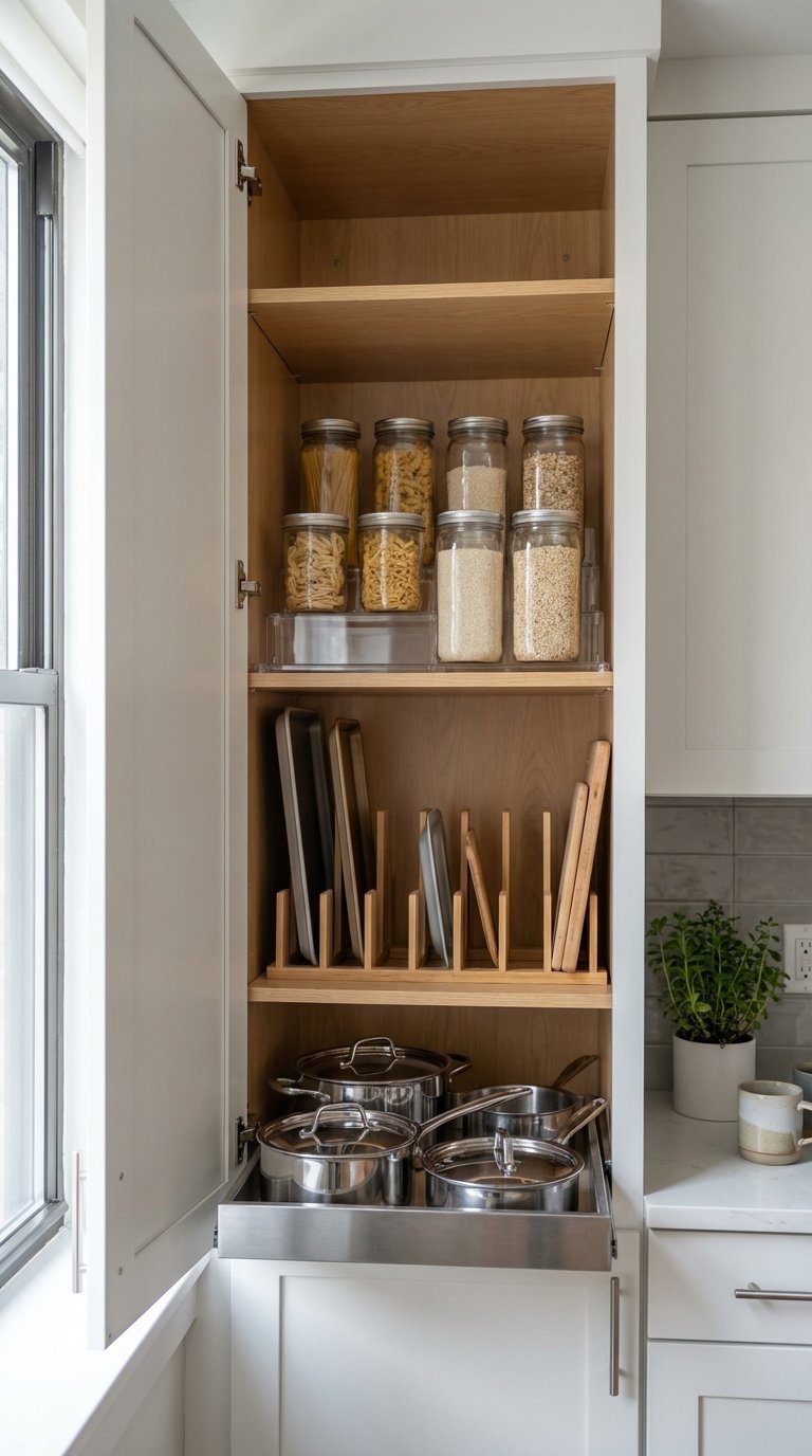 Impeccably organized cabinet interior with smart storage containers and dividers maximizing space in a small apartment kitchen.