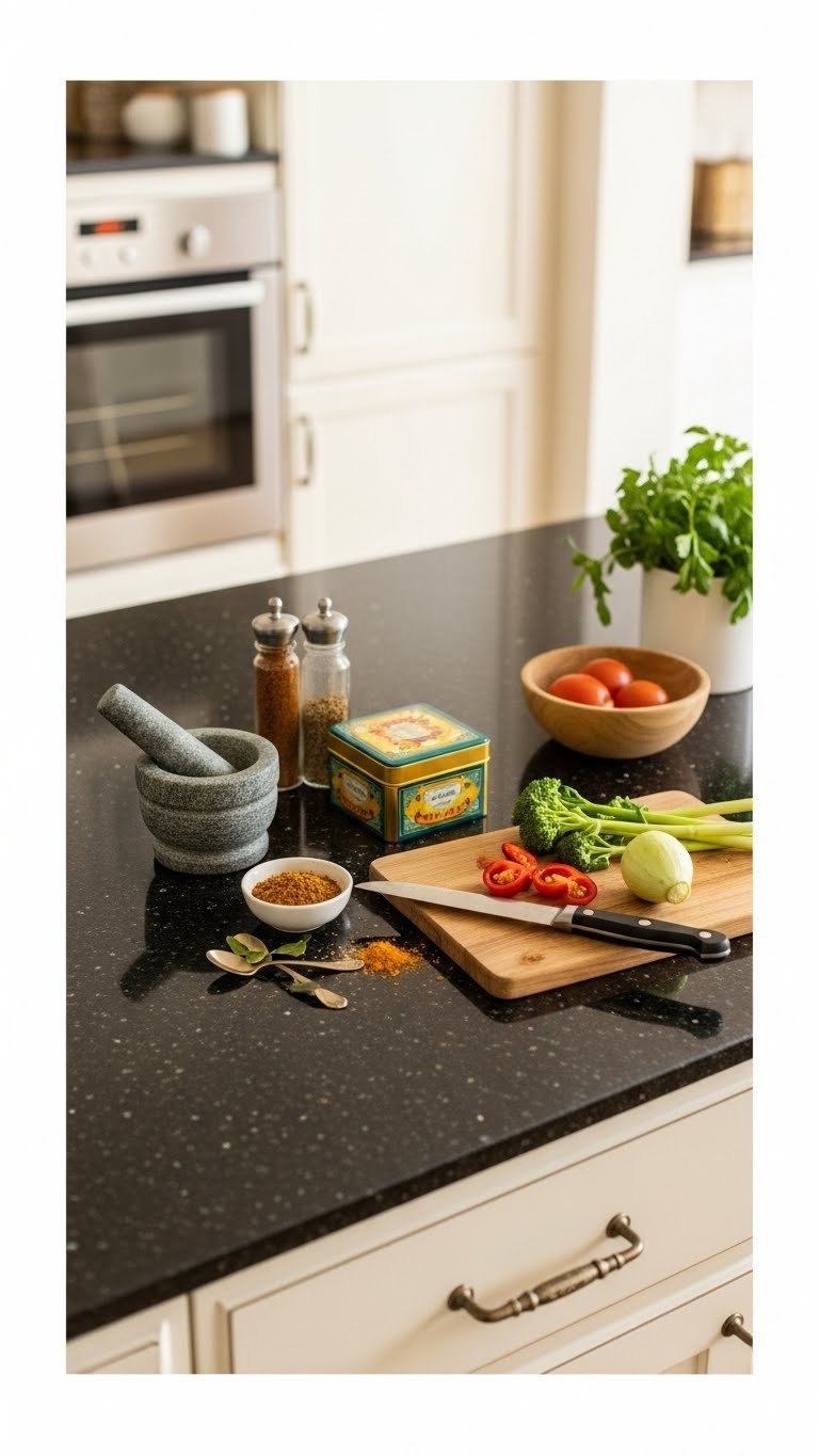 Indian apartment kitchen countertop with polished granite surface featuring traditional spice box and fresh vegetables
