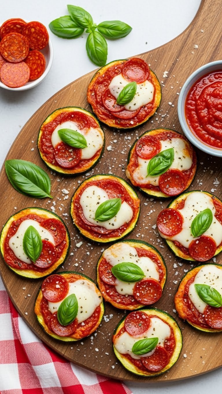 Individual keto zucchini pizza bites with mozzarella and pepperoni on wooden serving board with basil