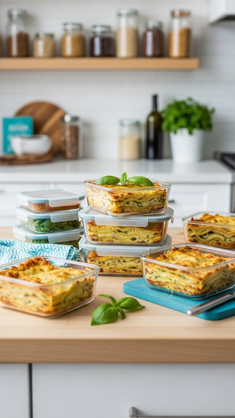 Individual zucchini lasagna portions in glass meal prep containers with fresh basil garnish