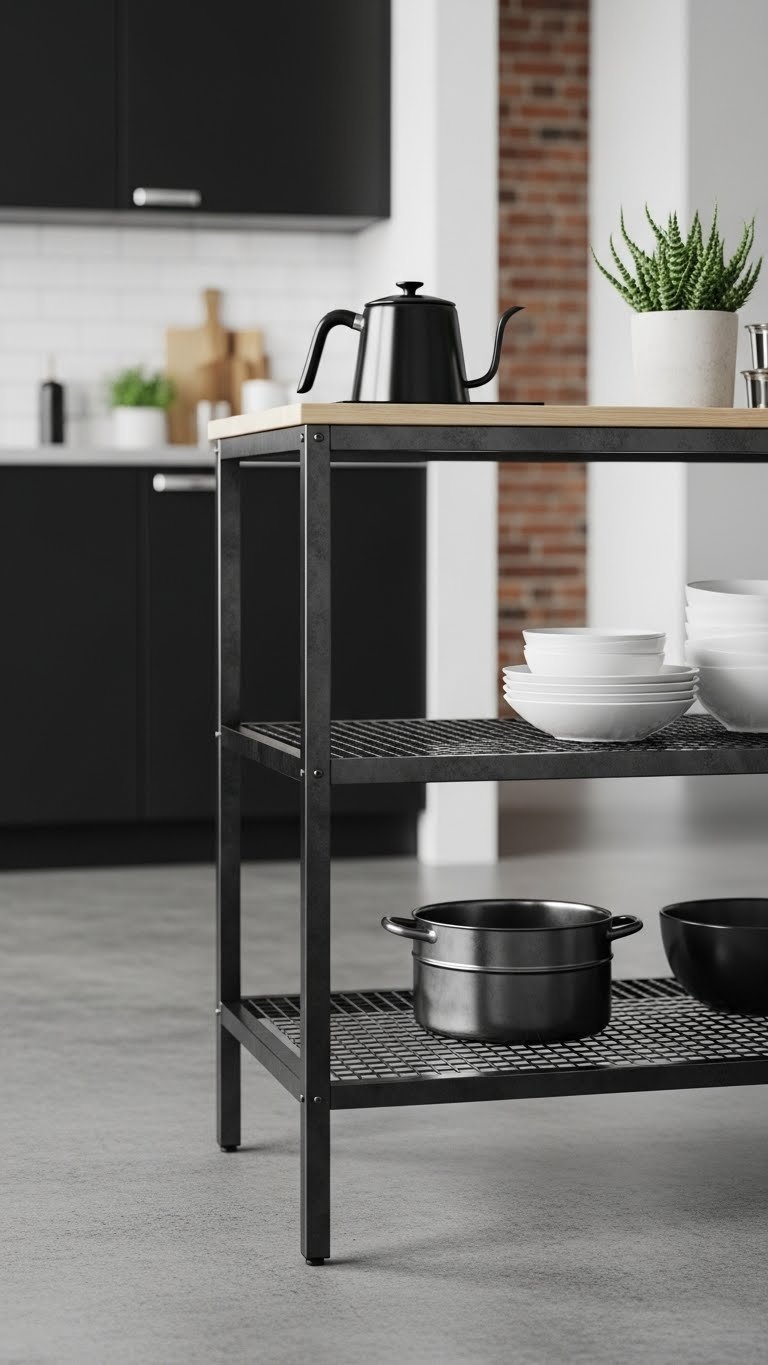 Industrial metal kitchen island with mesh shelves and butcher block top in urban apartment with dark cabinetry