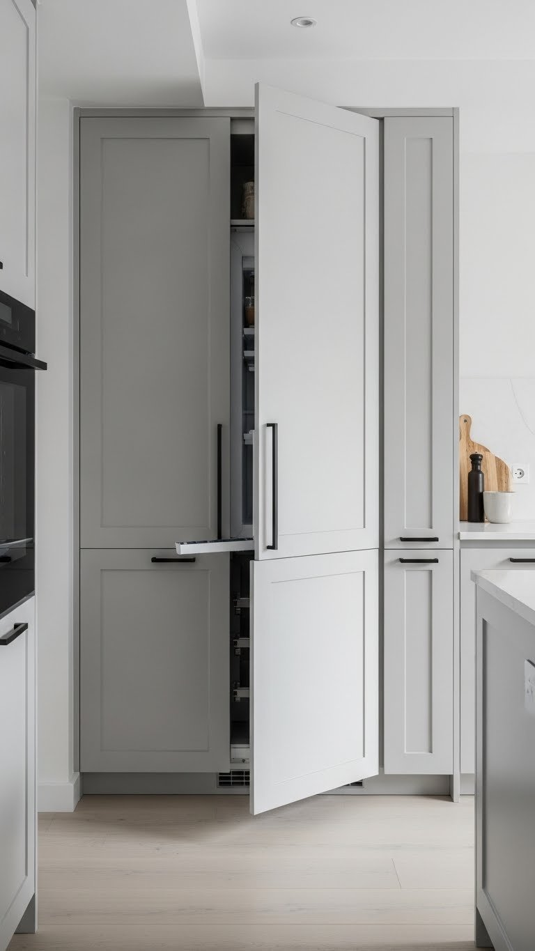 Integrated smart appliances concealed behind custom cabinetry panels in modern luxury apartment kitchen design.