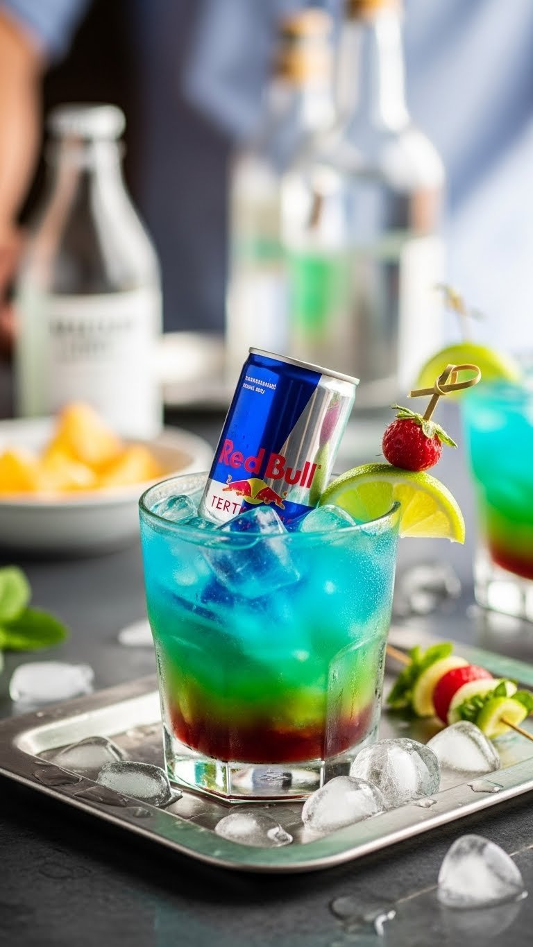 Irish Trash Can cocktail featuring submerged Red Bull can with blue-green layers and ice in dramatic asymmetrical composition