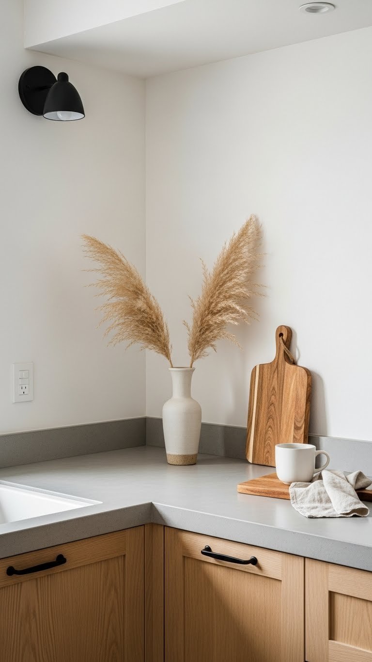 Japandi-style Japanese kitchen corner with light wood cabinetry, concrete countertop, and ceramic vase with dried pampas grass