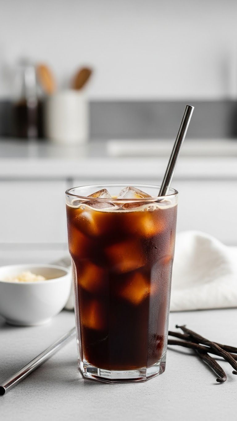 Keto-friendly Starbucks Cold Brew with vanilla infusion and sugar-free foam on light gray stone surface