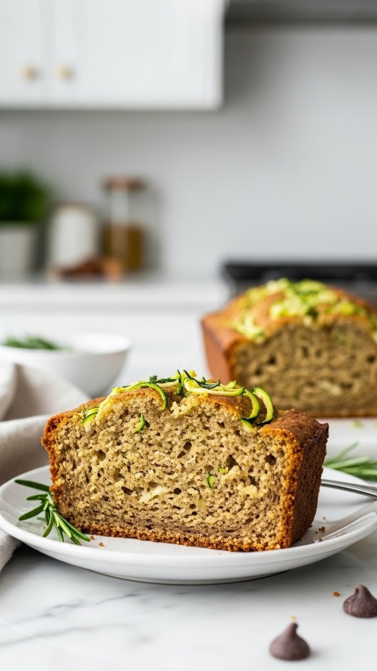 Ultimate Almond Flour Zucchini Bread: Easy, Moist, Gluten-Free 3 Keto-friendly almond flour zucchini bread slice with dark crust on white plate with rosemary sprig against linen tablecloth background.