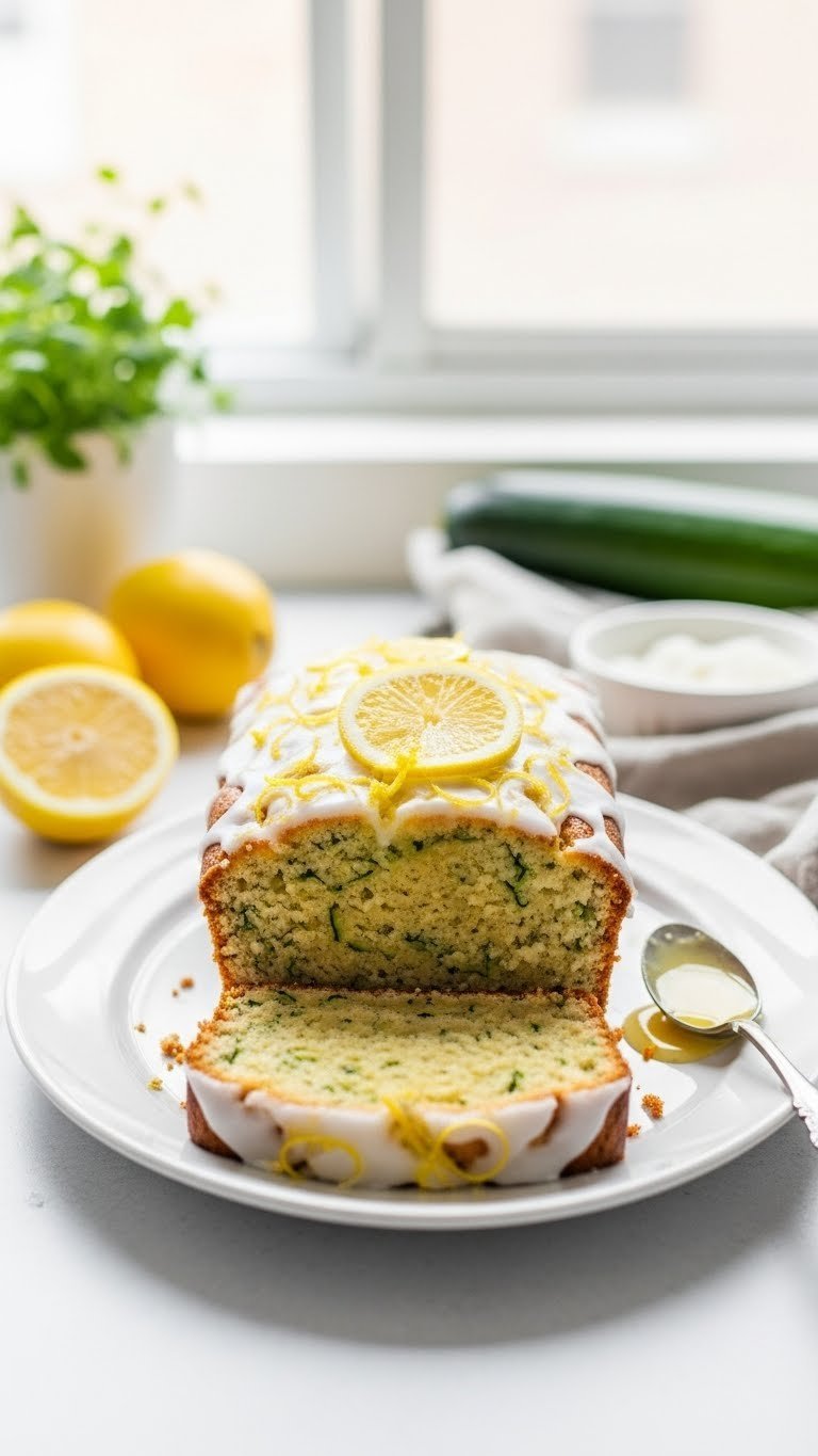 Keto lemon zucchini loaf with lemon glaze and zest on white ceramic plate with fresh lemon slices