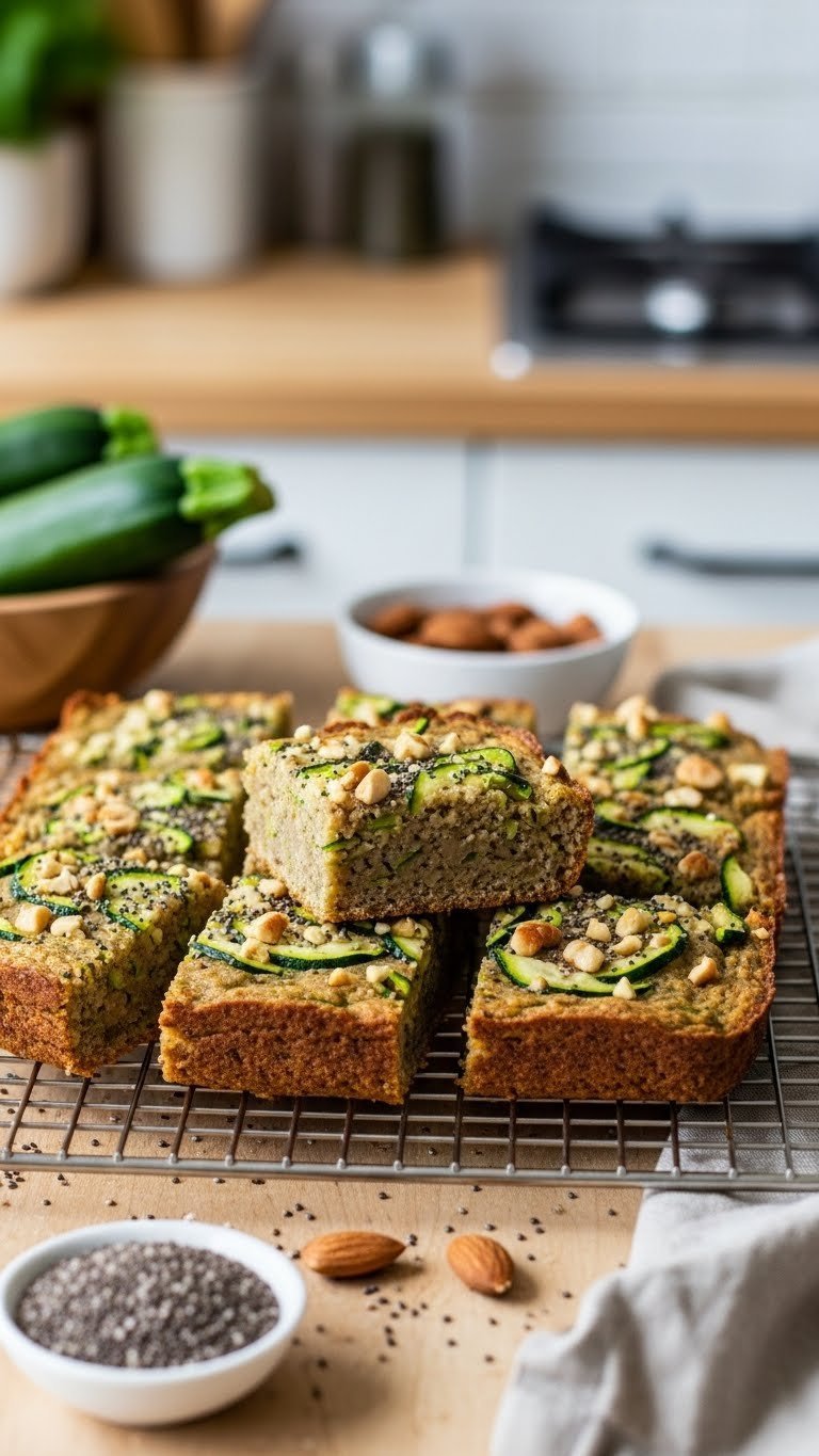 Keto zucchini snack bars with chopped nuts on cooling rack with almonds and chia seeds