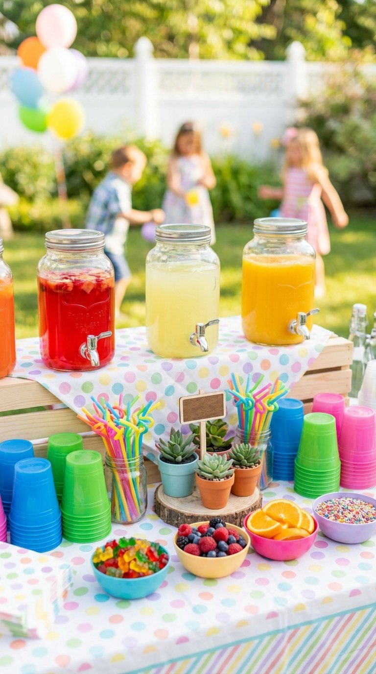 Kid-friendly wedding drink station with colorful juices, playful cups, and fun garnishes on bright tablecloth