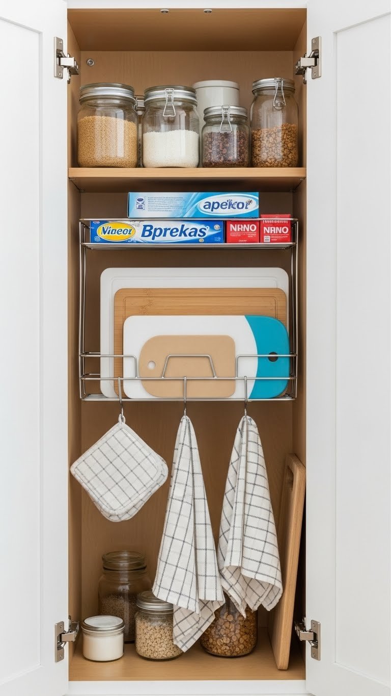 Kitchen cabinet door organized with over-the-door rack holding cutting boards, foil, and dish towels