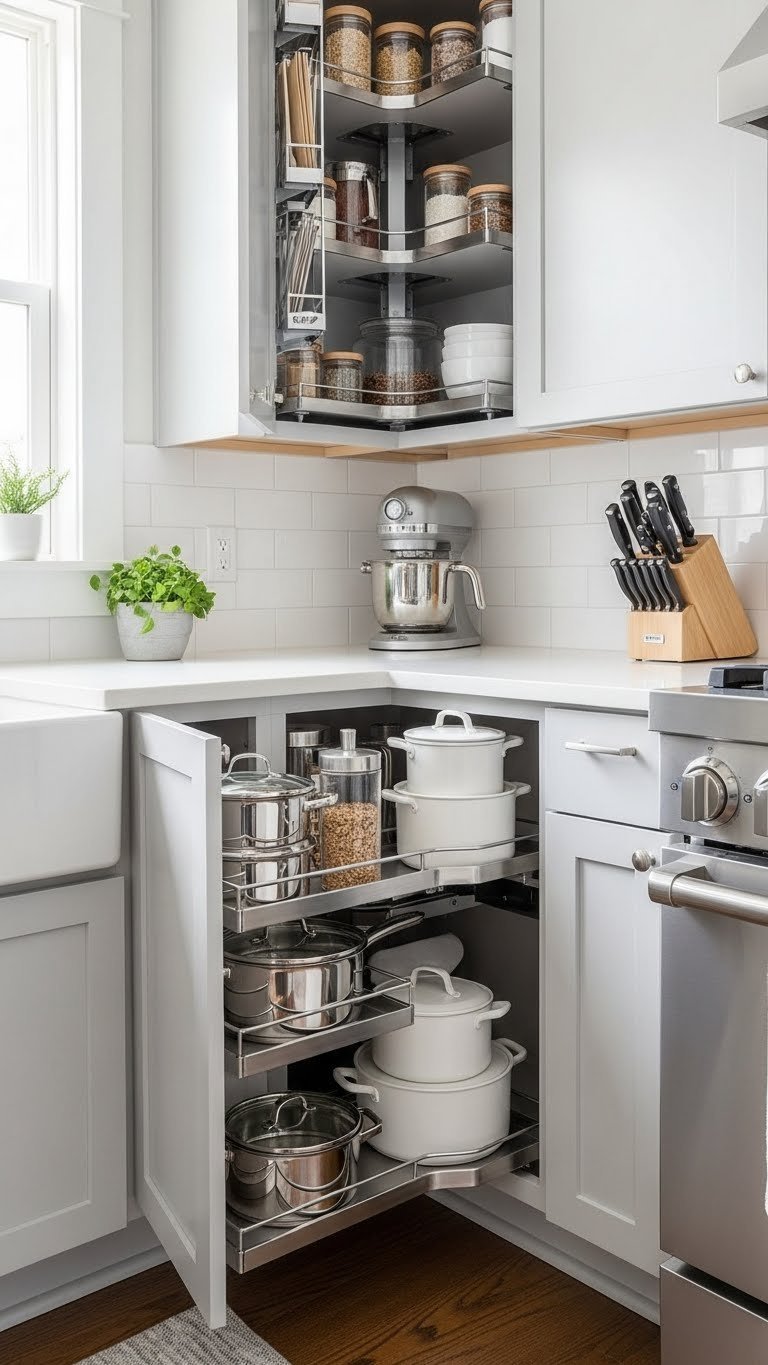 Kitchen corner cabinet lazy Susan storage solution with organized pots and pans