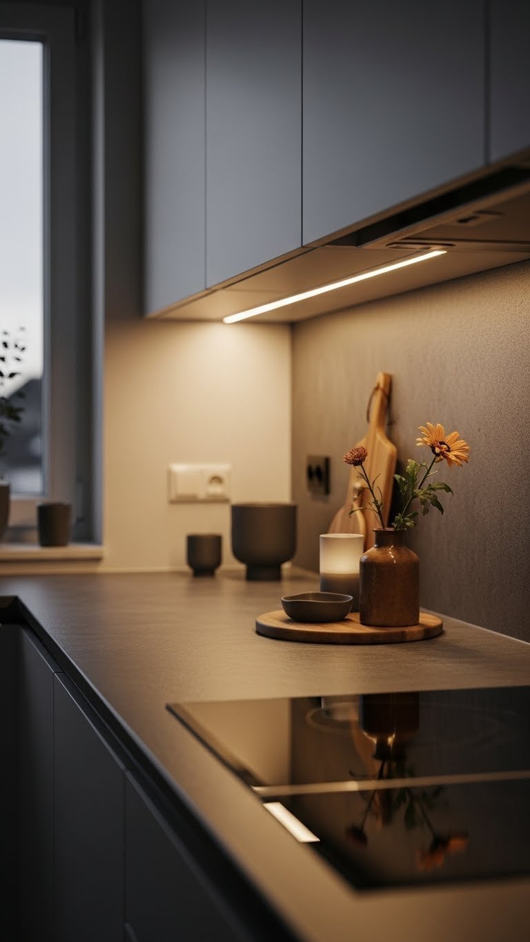 Kitchen counter with decorative objects softly illuminated by under-cabinet LED strip lighting casting warm shadows