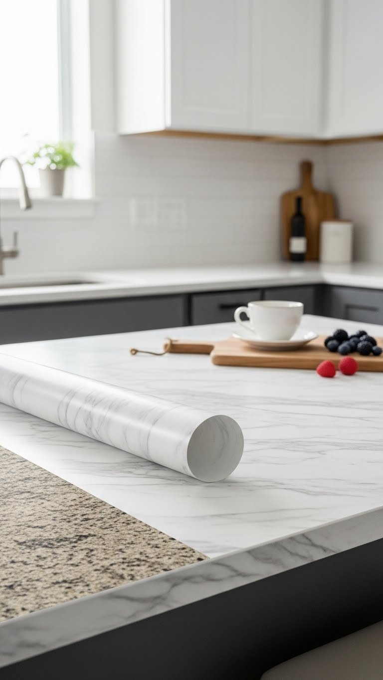 Kitchen countertop covered in faux marble removable film with minimalist decor elements and soft lighting.