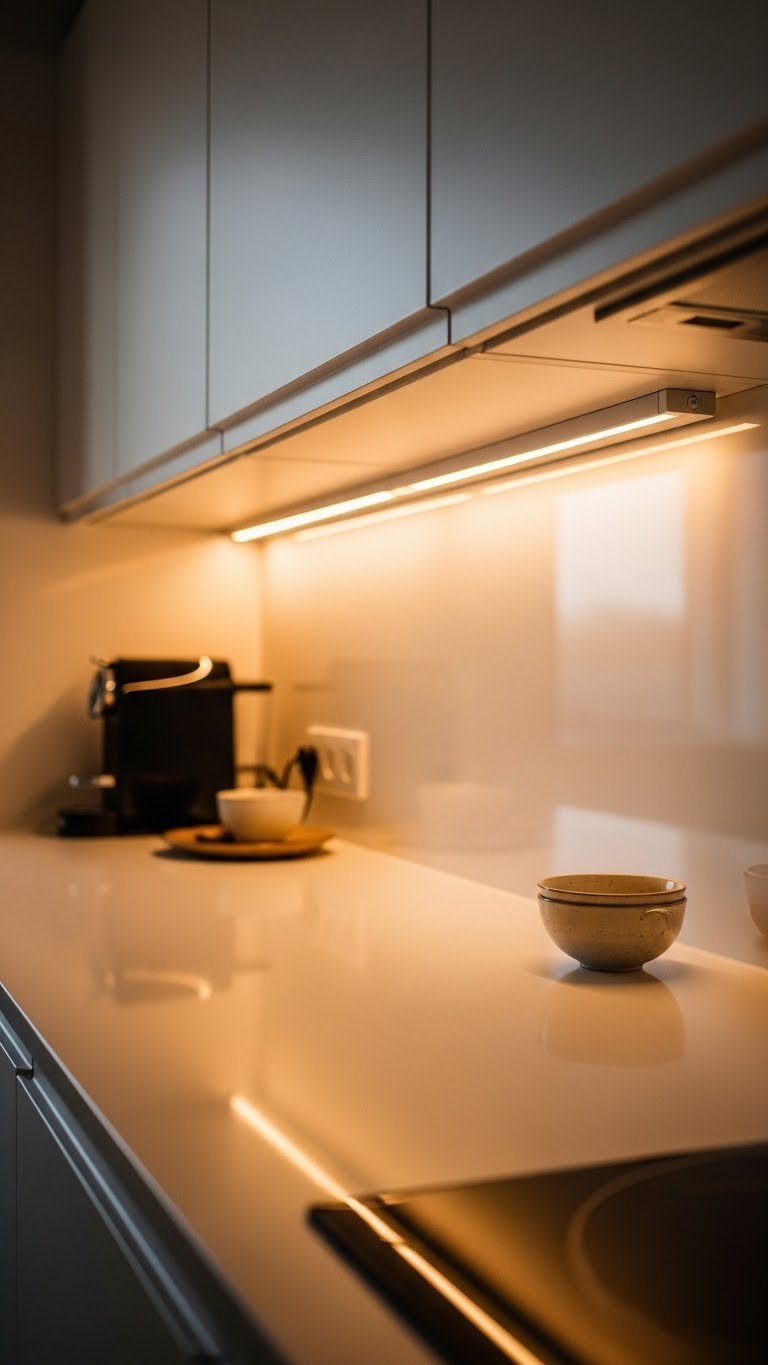 Kitchen countertop illuminated by warm under-cabinet LED lighting creating cozy ambiance