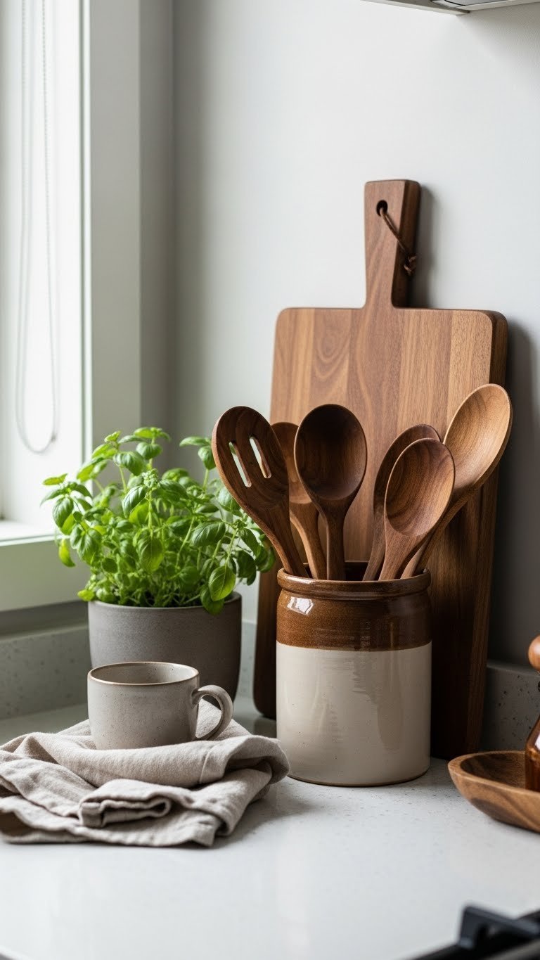 Kitchen countertop with dark wood cutting board, artisanal wooden spoons in ceramic crock, and vibrant potted herb plant in natural light