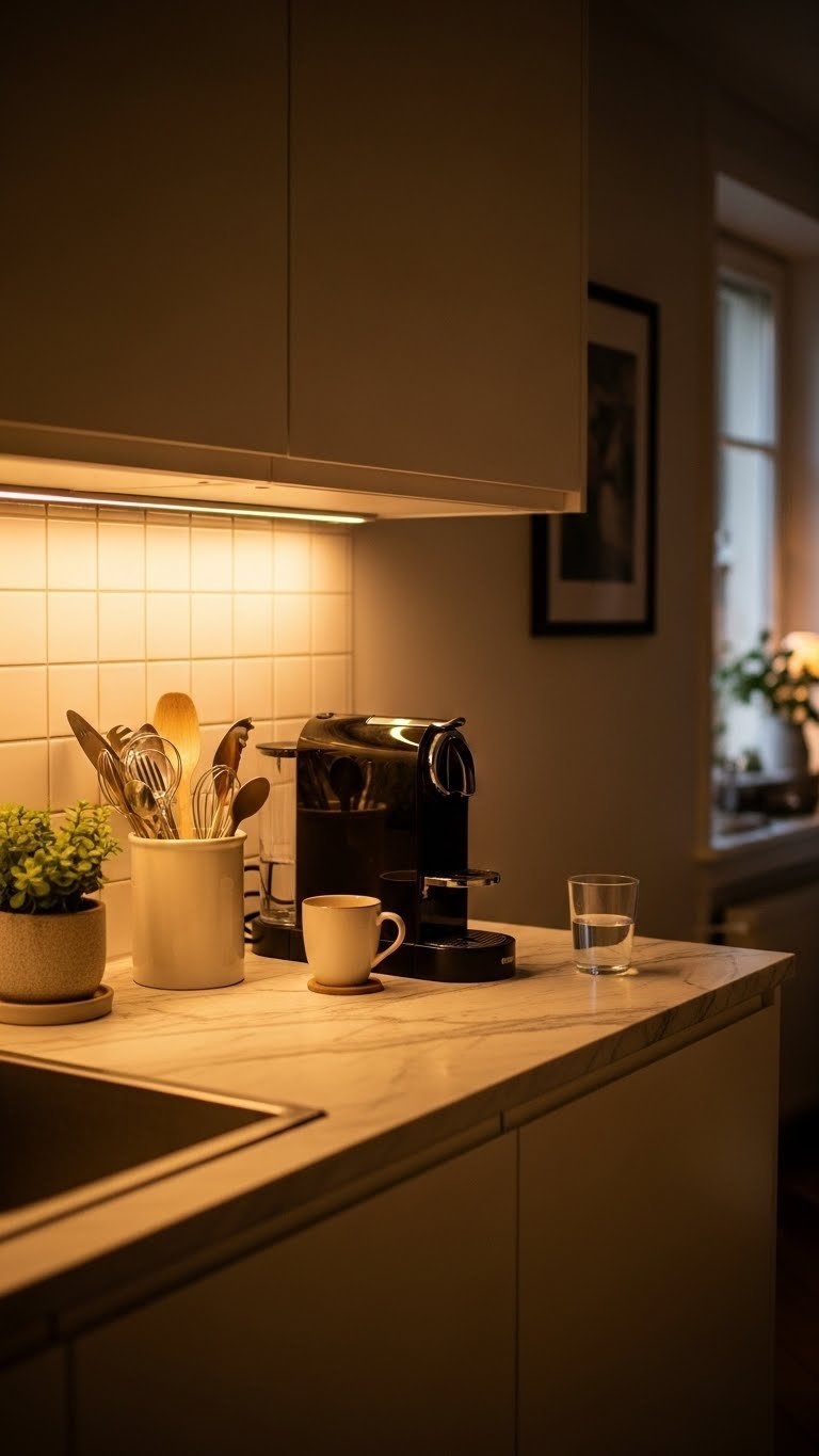 Kitchen countertop with under-cabinet LED lighting illuminating coffee machine and utensils on marble surface