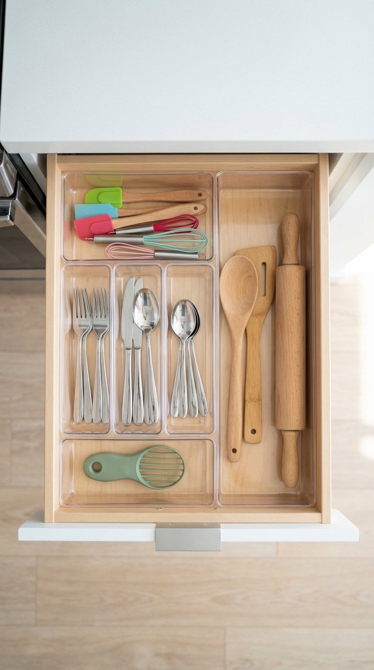 Kitchen drawer with bamboo dividers organizing cutlery and utensils in perfectly arranged compartments.