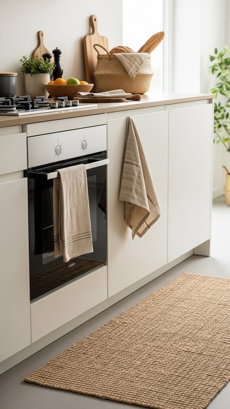 Kitchen floor with jute runner rug, stack of linen dish towels on oven handle, and woven bread basket on countertop
