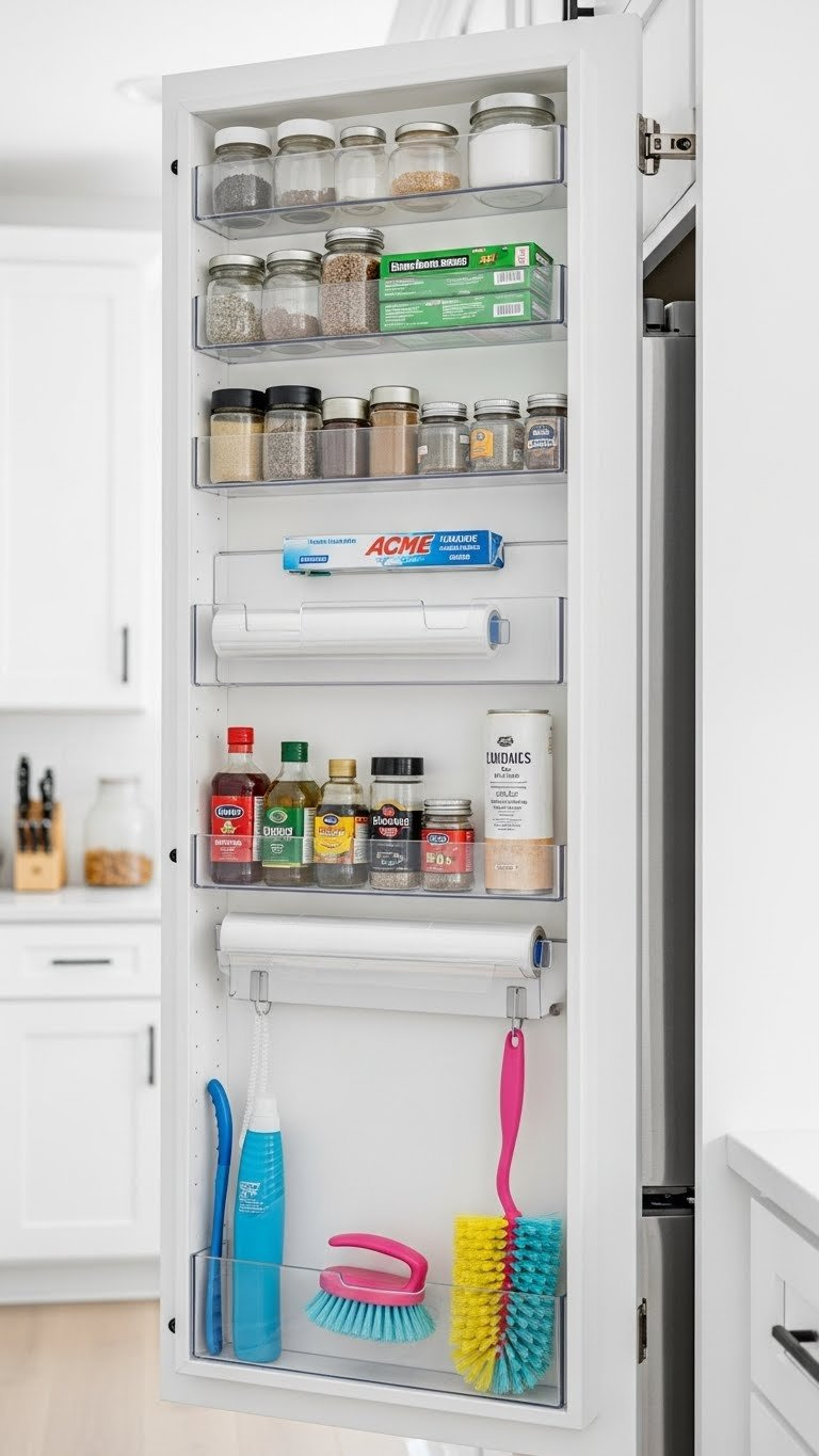 Kitchen pantry door interior with over-door organizers showcasing neatly arranged spices, jars, and cleaning supplies