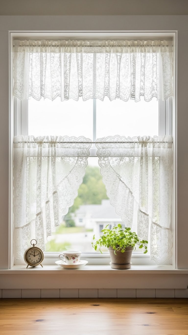 Kitchen window with delicate lace cafe curtains filtering soft light onto potted herb on windowsill.