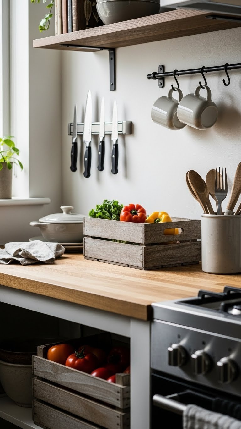 Kitchen with distressed wooden crate vegetable storage, magnetic knife strip, and metal S-hooks for rustic storage solutions