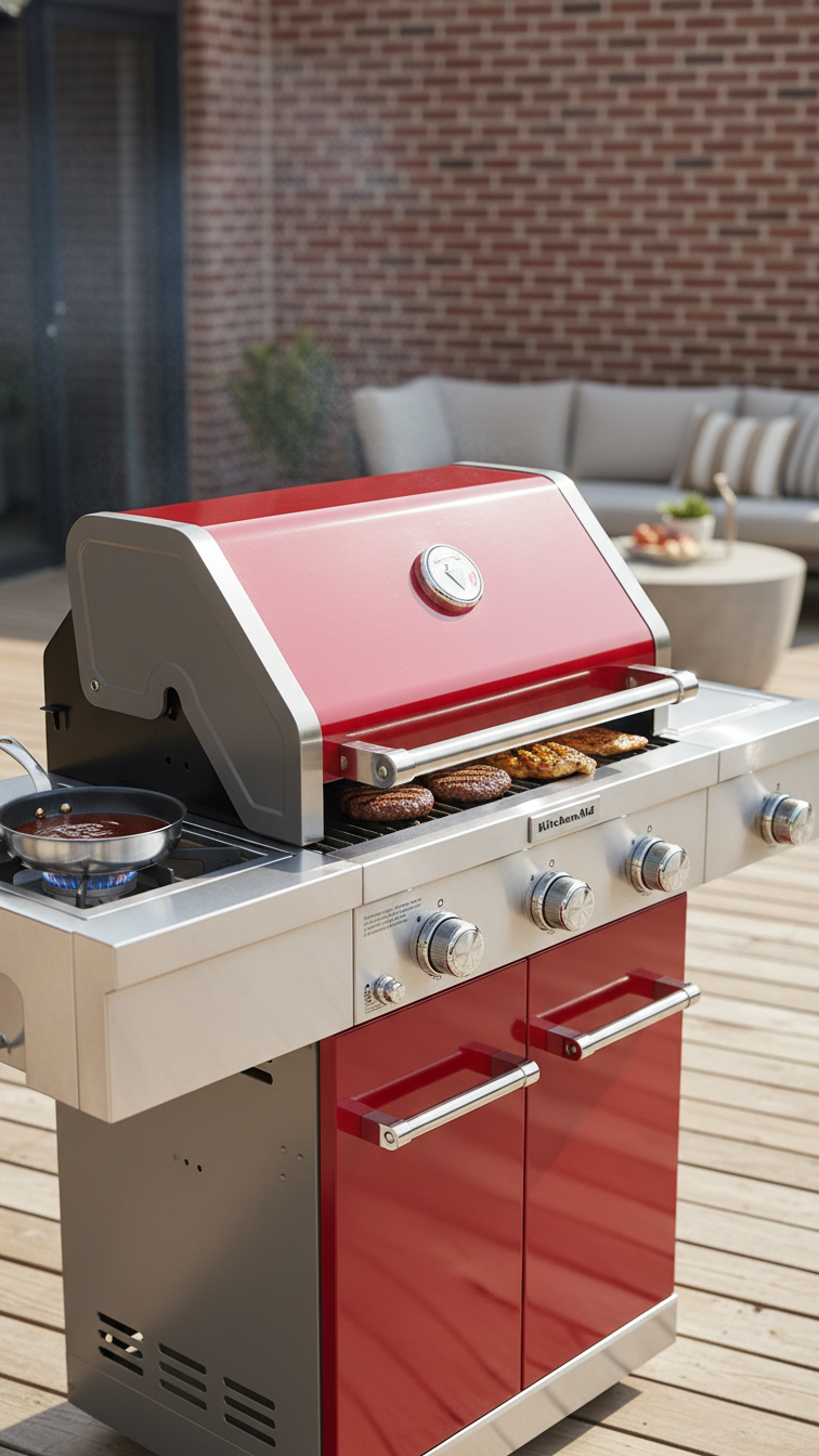 A vibrant red KitchenAid 3-Burner Gas Grill in a backyard setting with a 4.3/5 star rating badge overlay.