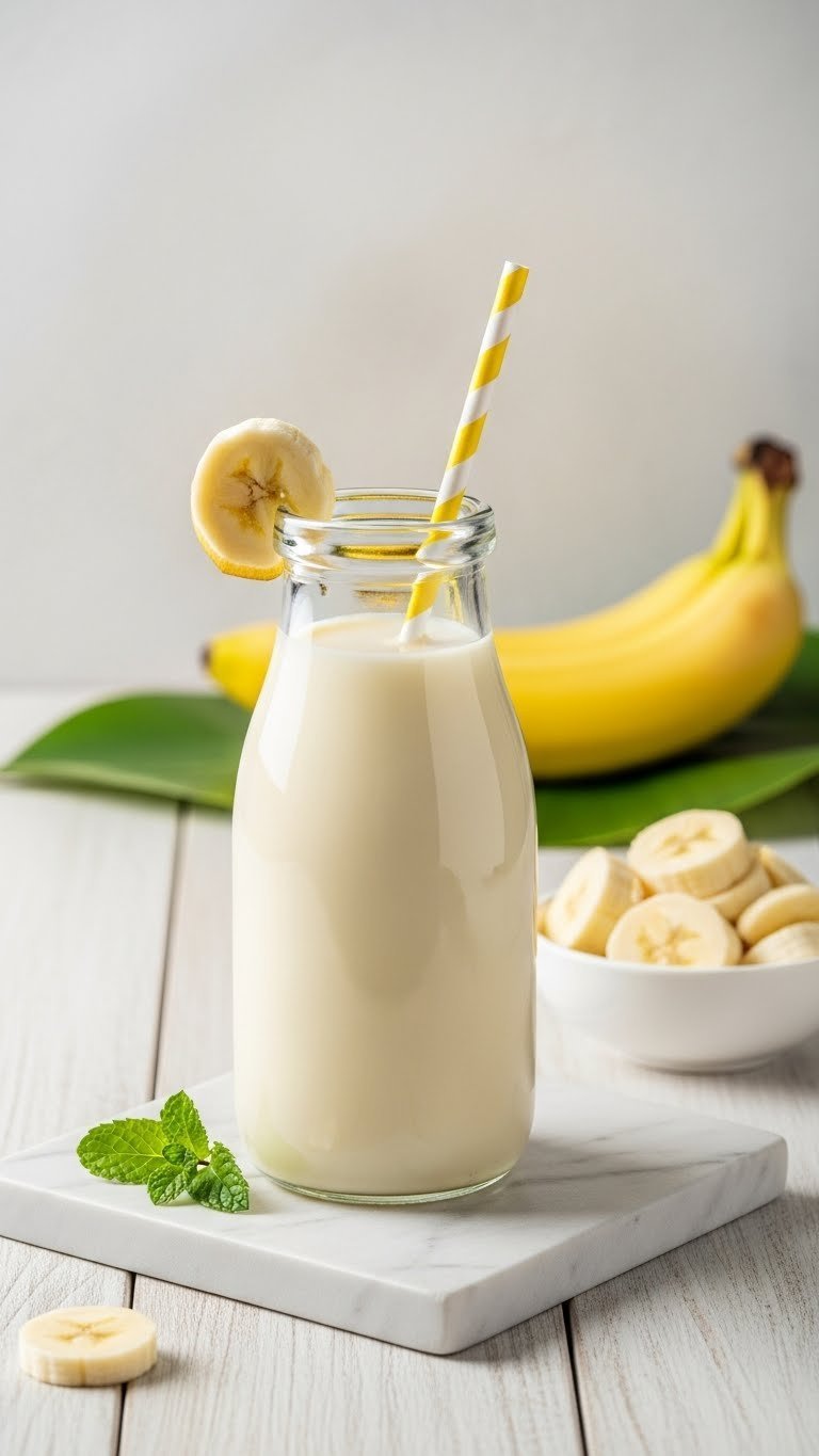 Korean banana milk in slender glass bottle with ripe banana and banana leaf on light wood surface