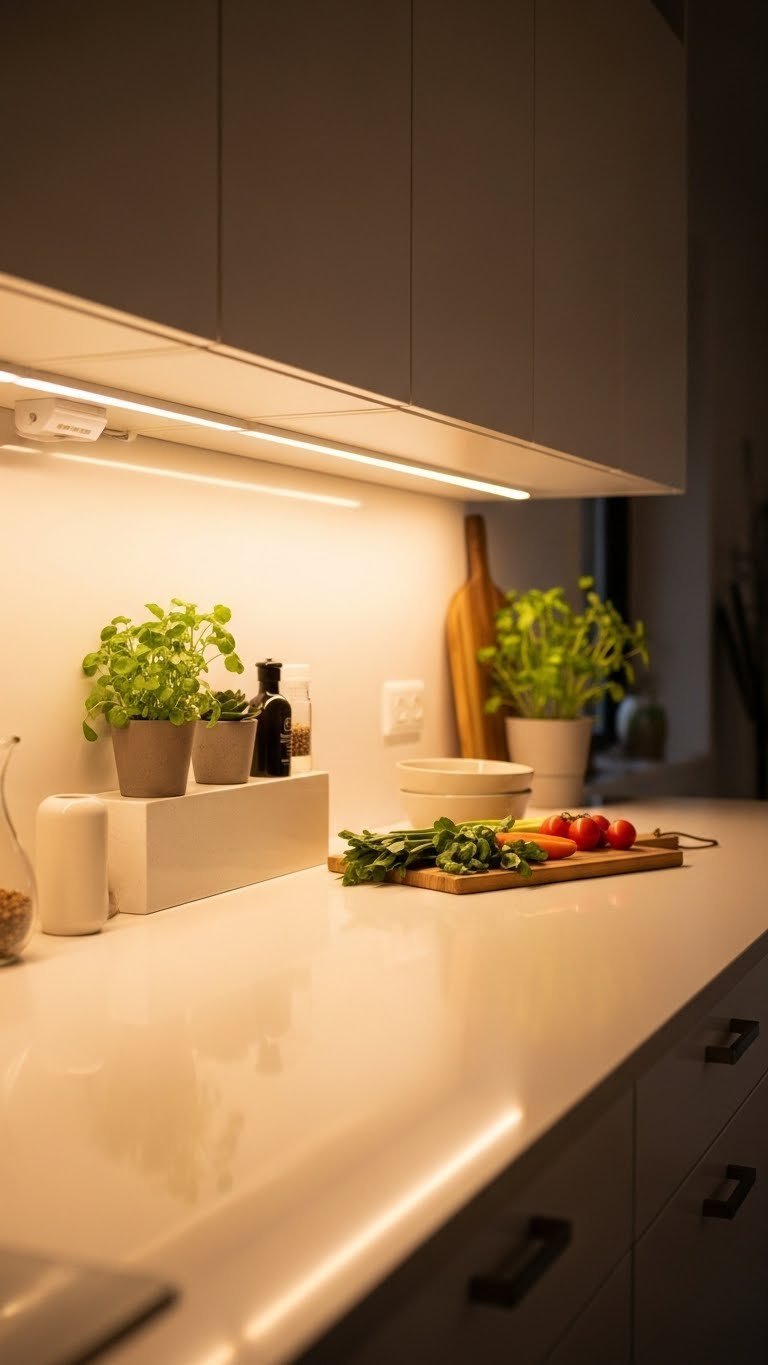 LED strip under-cabinet lighting casting warm glow on kitchen countertop with cutting board and fresh produce