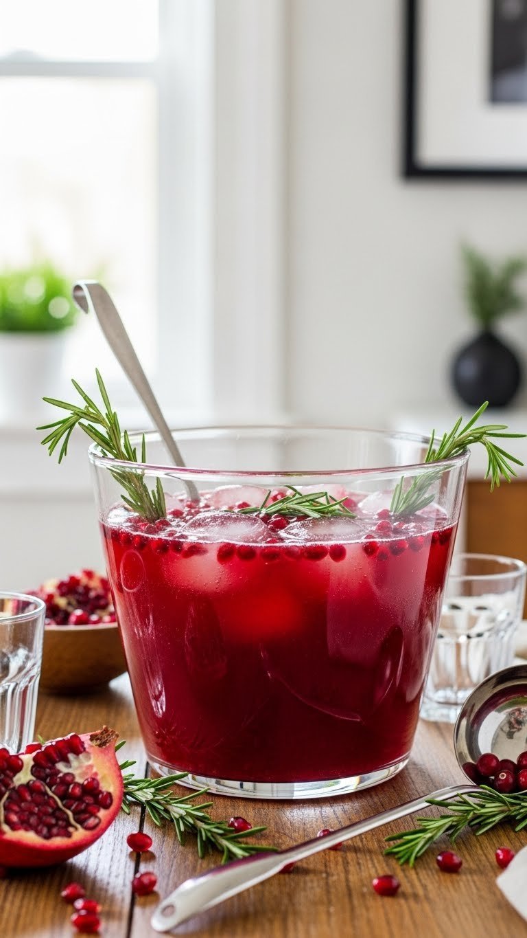 Large glass punch bowl with deep red pomegranate rosemary punch and floating pomegranate seeds on rustic table