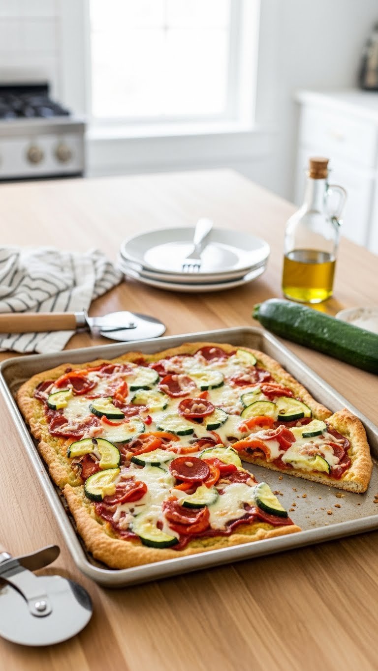 Easy Crispy Zucchini Keto Pizza Baking Recipes 13 Large sheet pan zucchini pizza with crispy keto crust and colorful toppings including cheeses, vegetables, and pepperoni