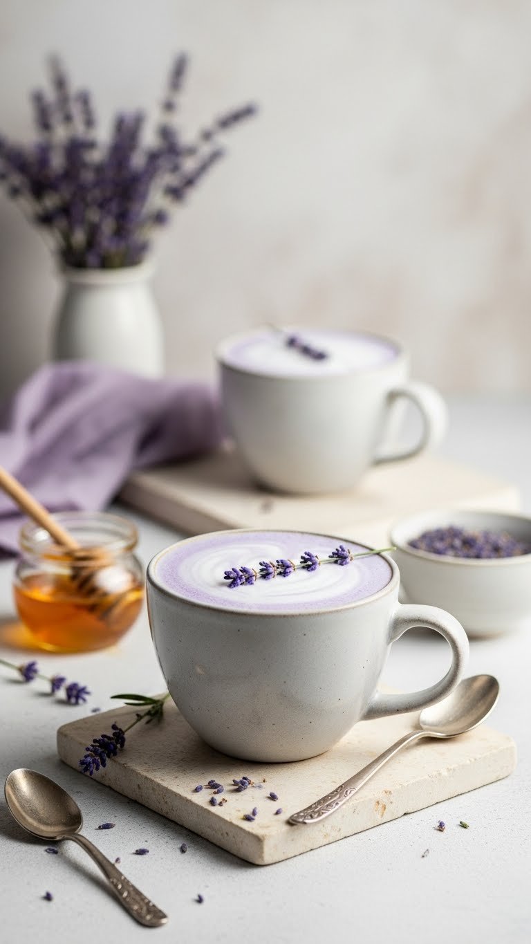 Lavender honey latte in ceramic mug with subtle purple hue and lavender garnish on stone slab