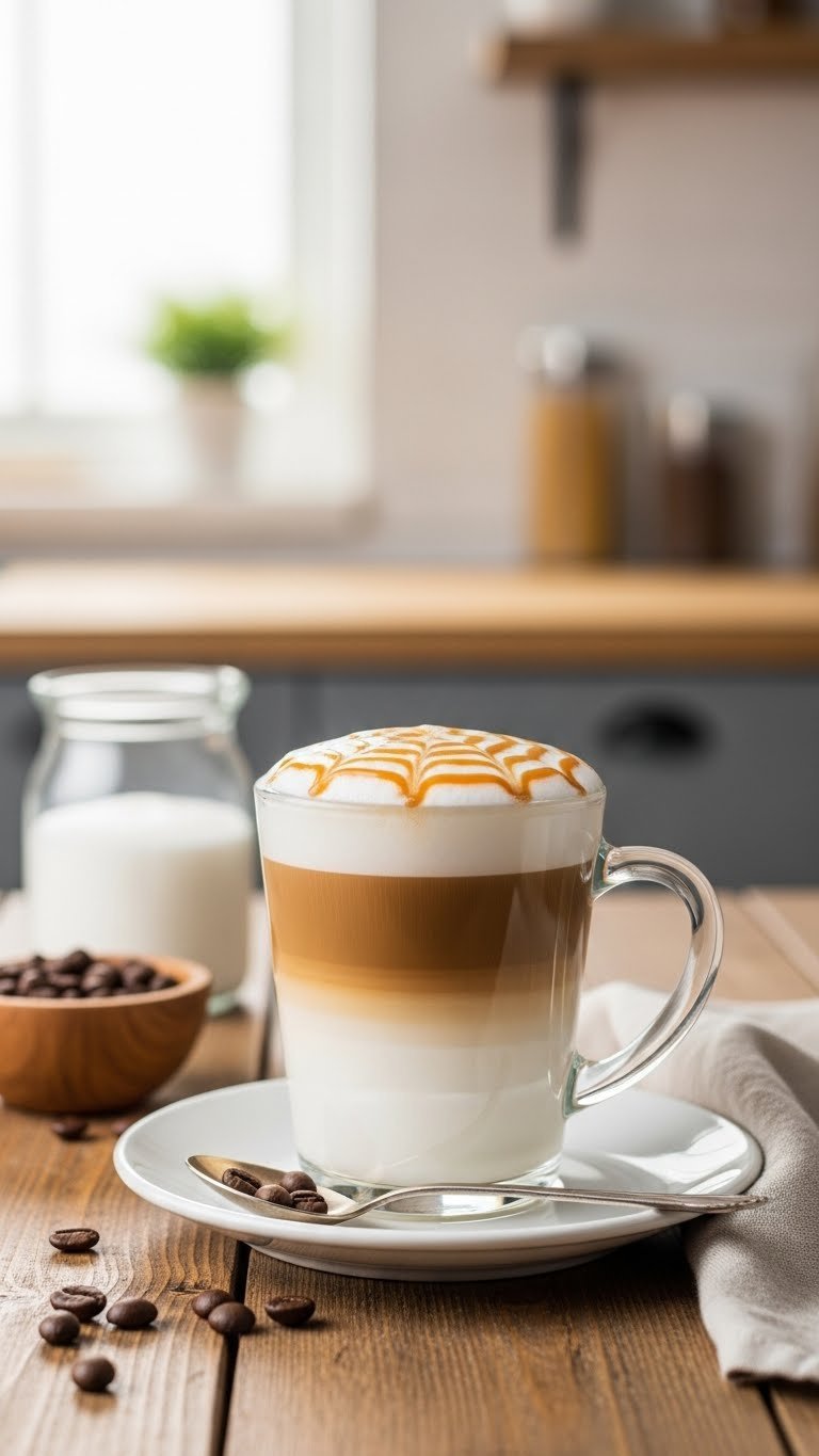 Layered Caramel Macchiato with caramel drizzle in glass mug on rustic wooden table with coffee beans and linen napkin