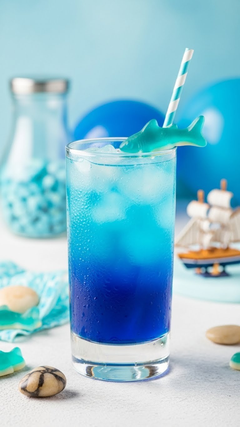 Layered Ocean Blue mocktail with gradient blue layers and gummy shark garnish on white textured surface