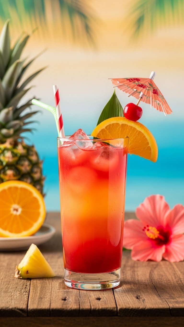 Layered Sex on the Beach cocktail showcasing orange-red hues in highball glass with tropical garnishes