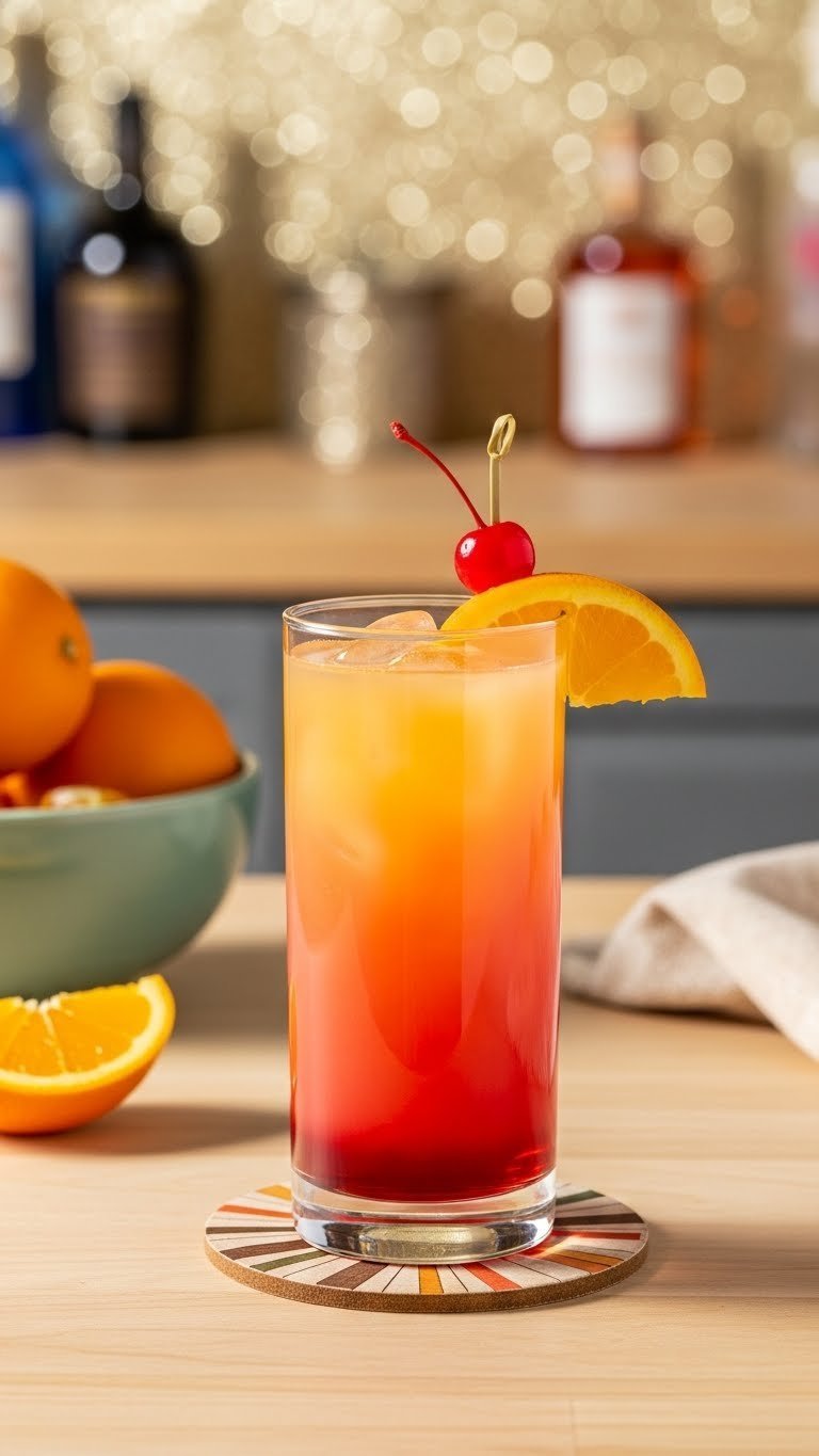 Layered Tequila Sunrise cocktail in highball glass with orange slice and cherry garnish on wooden bar top