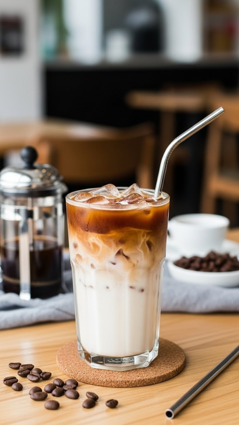 Layered iced coffee milk in clear glass showing dark coffee blending into creamy milk