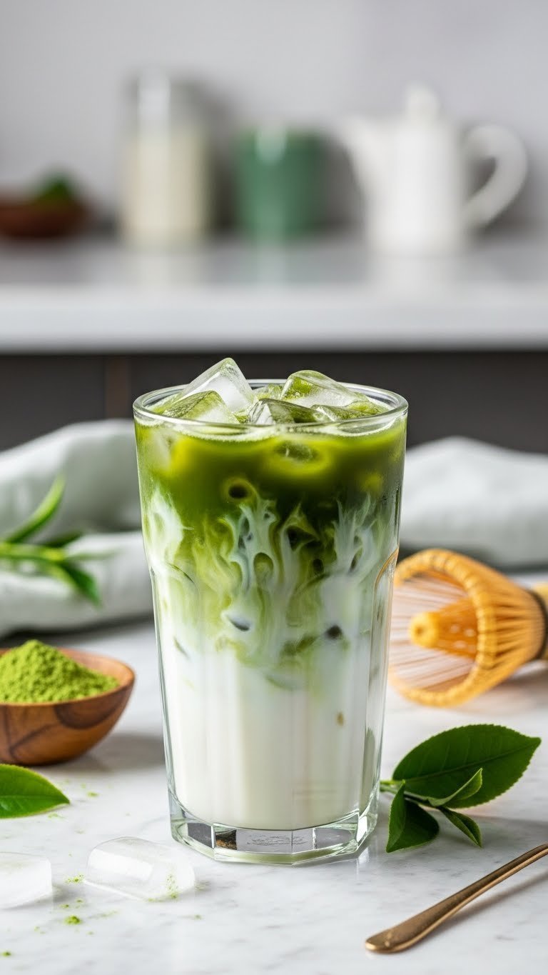 Layered iced matcha latte in tall glass with vibrant green tea and creamy milk swirl
