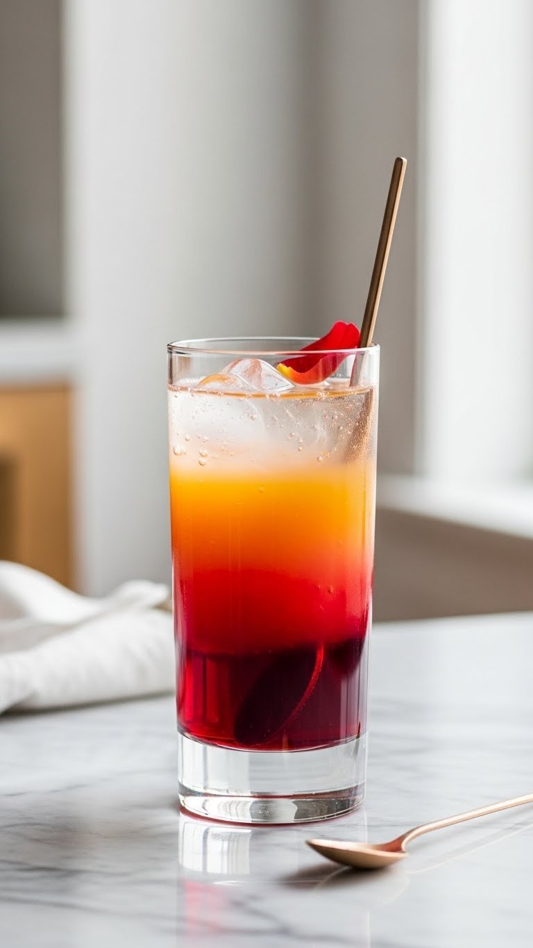 Layered non-alcoholic drink with red syrup, orange juice, and clear sparkling water separation