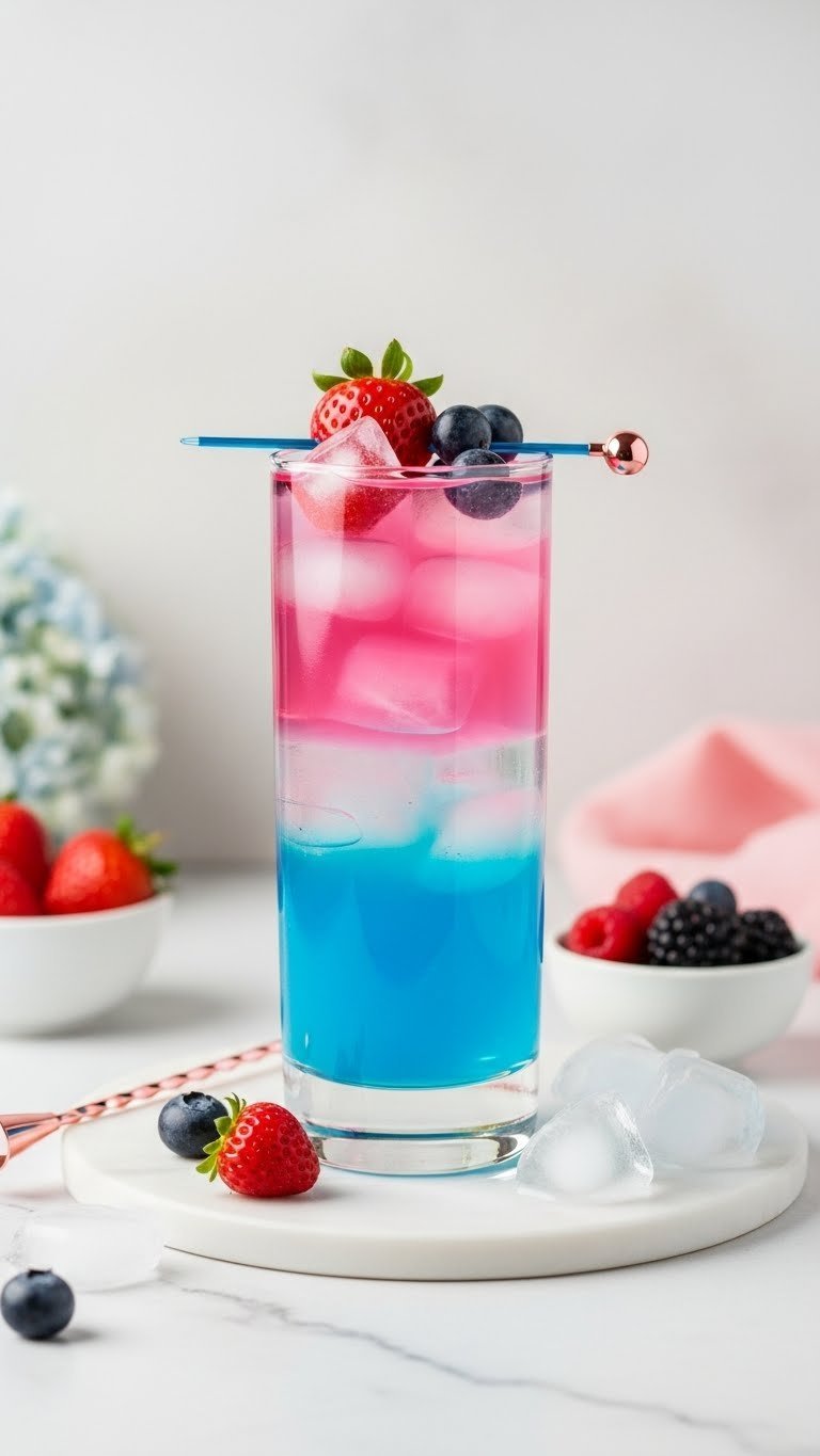 Gender Reveal Drink Ideas: 7 Easy Sips &Amp; Mocktails 9 Layered pink and blue gender reveal drink in tall slender glass with distinct color separation