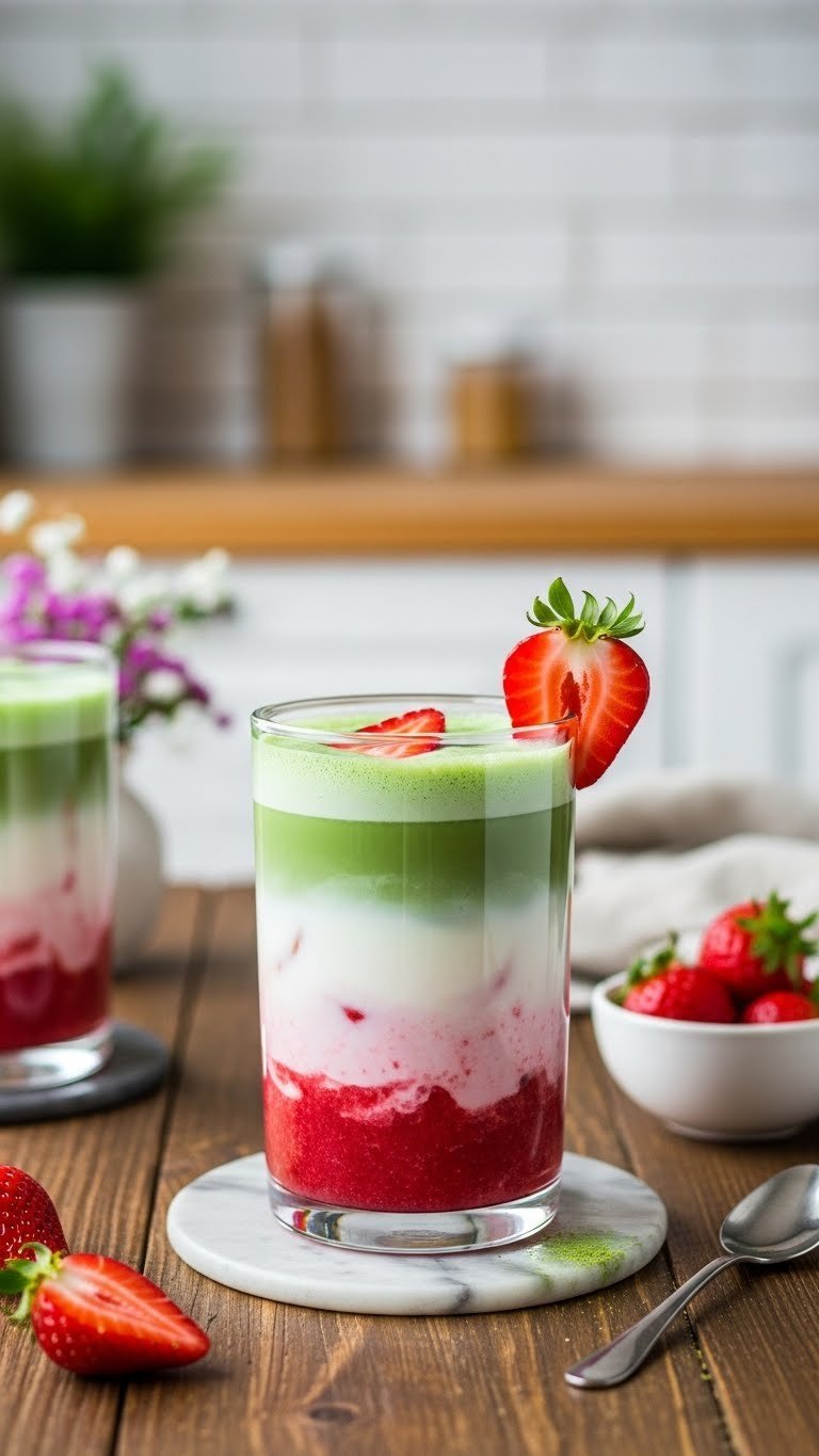 Layered strawberry matcha latte with pink puree, green matcha, and fresh strawberry garnish on rustic table