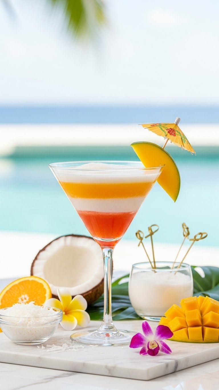 Drink Ideas Mocktails: 7 Elevated Recipes For Adults 9 Layered tropical coconut mango mock-tini in martini glass with mango slice garnish on marble surface.